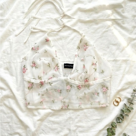 PrettyLittleThing Tops - PrettyLittleThing White and Pink Floral Halter Blouse
